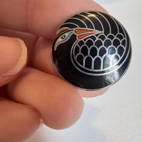 Stunning Vintage Laurel Burch Mynah Bird Black Enamel Disc Earrings - Picture 2 of 6